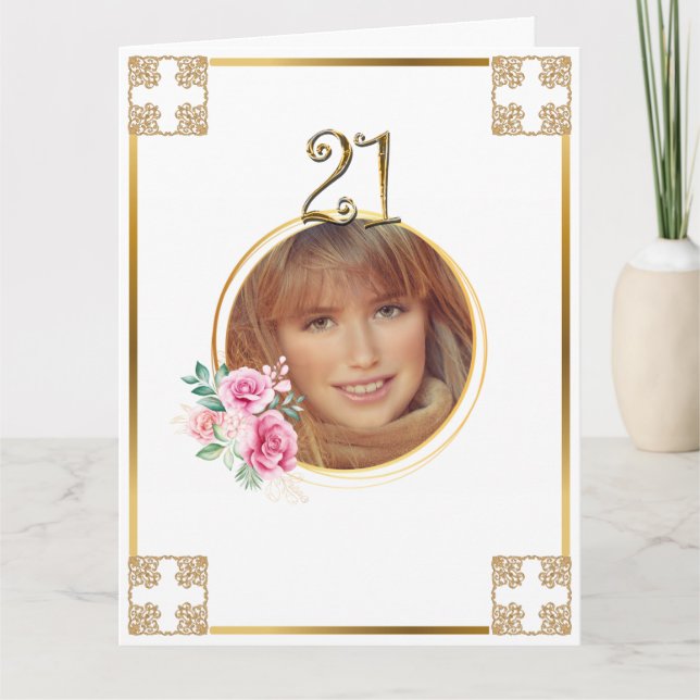 Carte Joyeux 21e anniversaire photo or croix fleur rose (Devant)