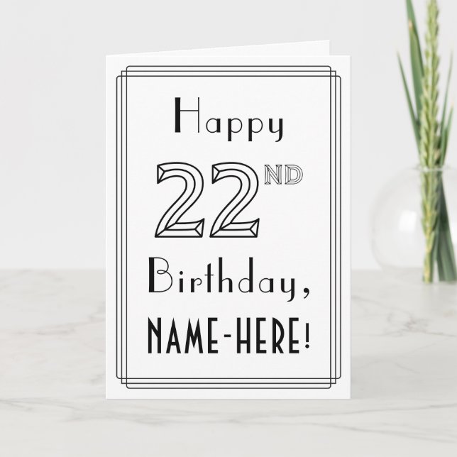 Carte Joyeux 22ème anniversaire, Art Déco Style avec Nom (Devant)