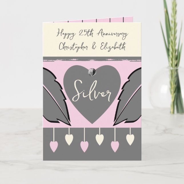 Carte Joyeux 25e Anniversaire ajoutez des noms gris rose (Devant)