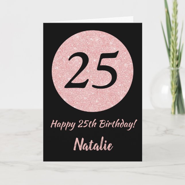 Carte Joyeux 25e anniversaire Noir et Rose Or rose (Devant)