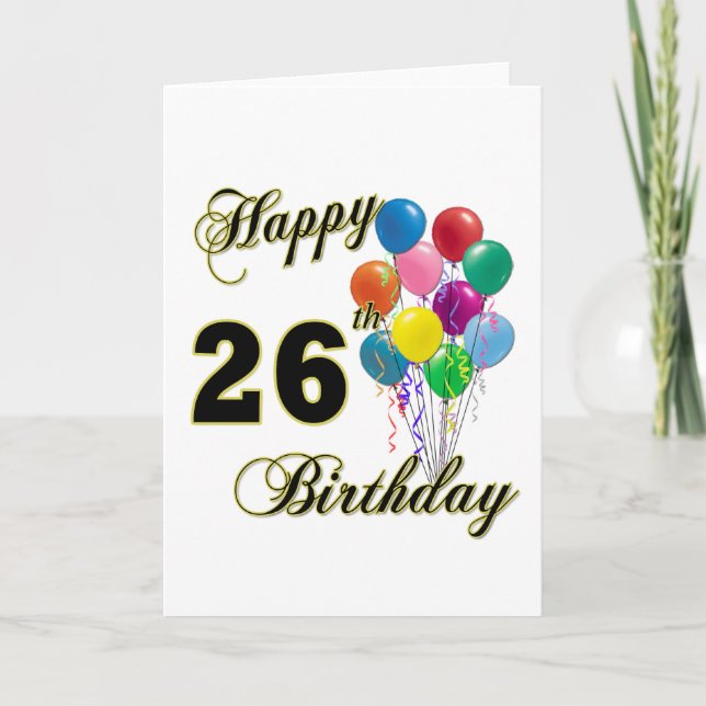 Carte Joyeux 26e anniversaire cadeaux avec ballons (Devant)
