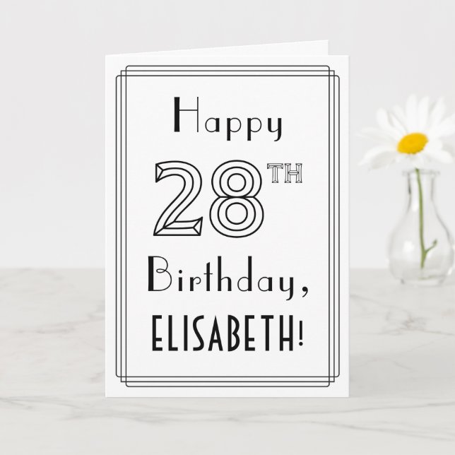 Carte Joyeux 28ème anniversaire, style Art Déco avec nom (Petite plante)