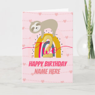 Carte Joyeux 2e anniversaire Sloth Rainbow Pink & Gold G