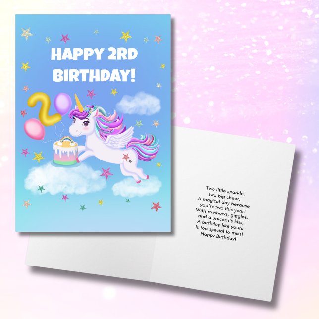 Carte Joyeux 2ème anniversaire Unicorn avec gâteau d'ann (Créateur téléchargé)