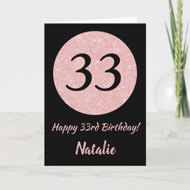 Carte Joyeux 33e anniversaire Noir et Rose Rose Or (Devant)