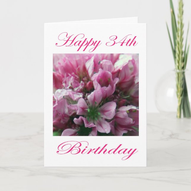 Carte Joyeux 34e anniversaire rose et vert Fleur (Devant)