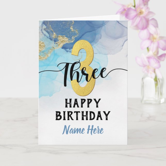Carte Joyeux 3e anniversaire aquarelle Bleu & or Garçon (Orchidée)