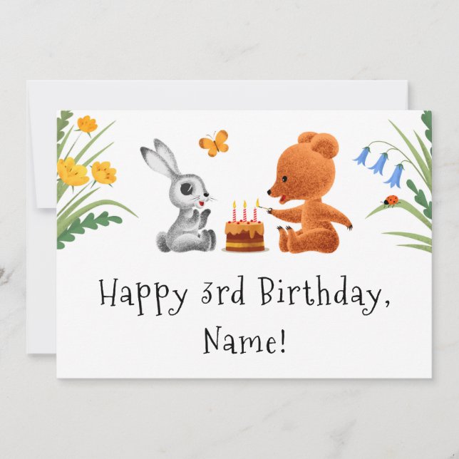 Carte Joyeux 3e anniversaire Teddy Bear Bunny Cake Card (Devant)