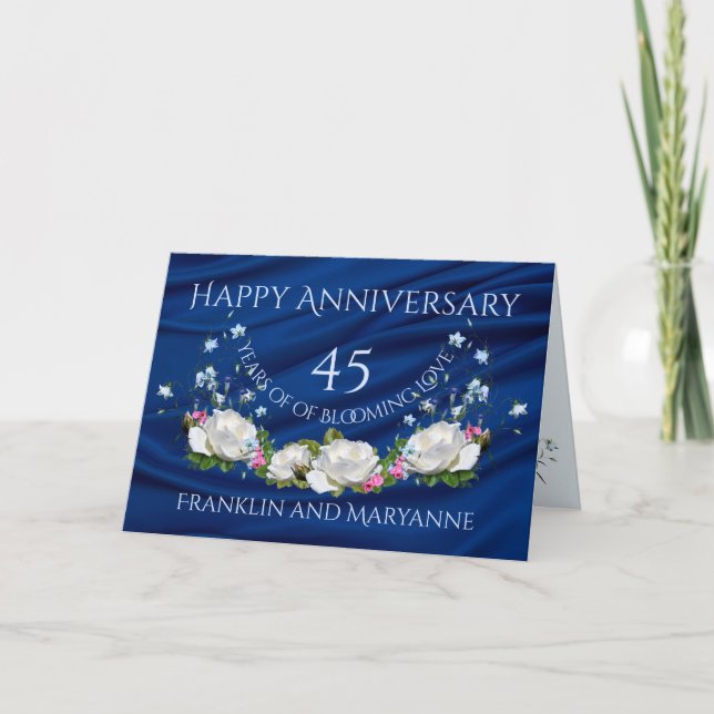 Carte Joyeux 45e Anniversaire Roses Blanches Saphir (Devant)