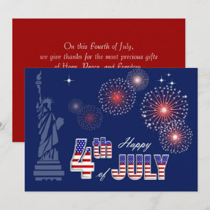 Carte Joyeux 4 juillet. Statue de la Liberté et feux d'a