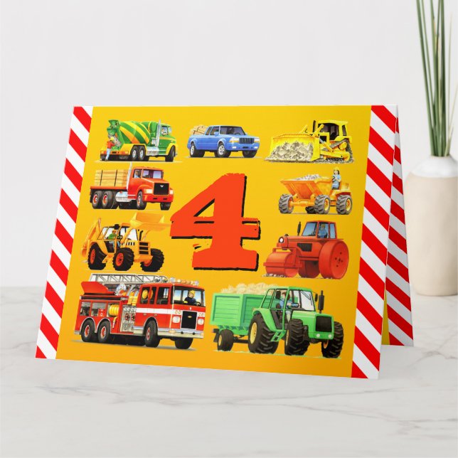 Carte Joyeux 4e anniversaire Camions de construction (Devant)