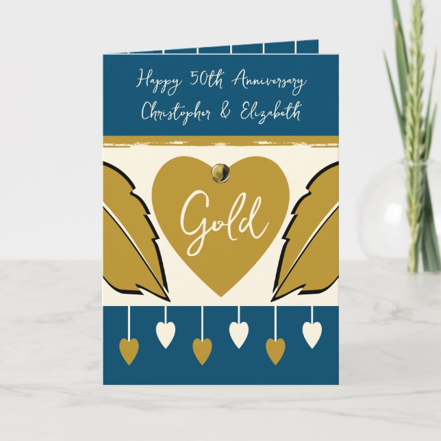 Carte Joyeux 50e anniversaire ajouter des noms or bleu (Devant)