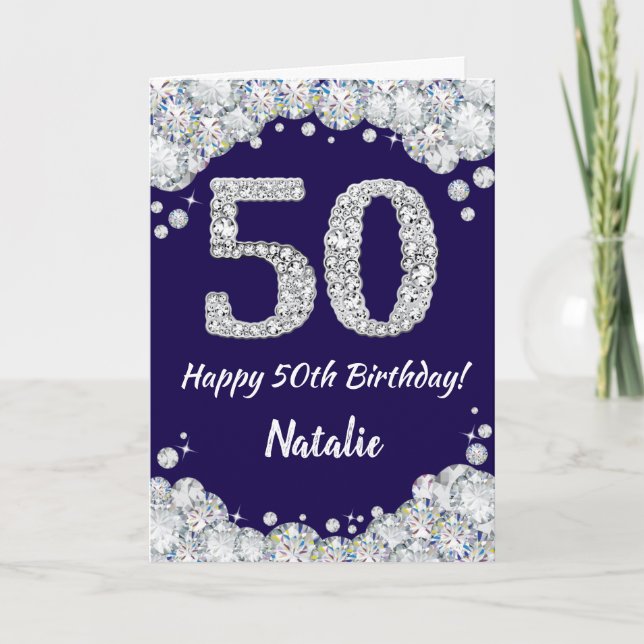 Carte Joyeux 50e anniversaire Marine Bleu et Parties sci (Devant)