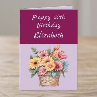 Carte Joyeux 50e Anniversaire nom fleurs bordeaux