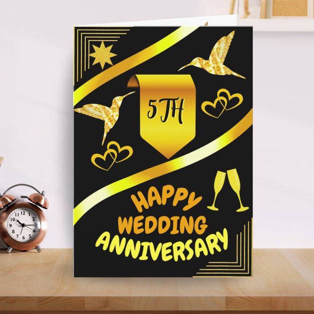 Carte Joyeux 5e anniversaire Mariage Noir & Or Moderne (Créateur téléchargé)