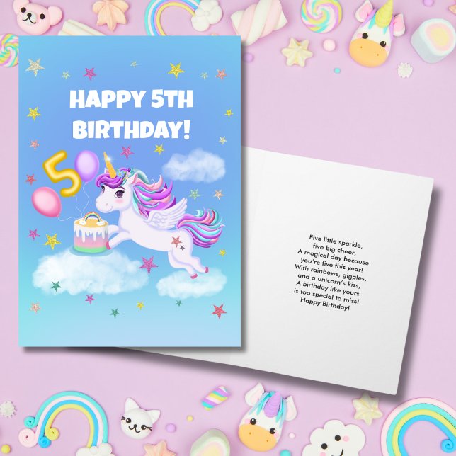 Carte Joyeux 5e anniversaire Unicorne avec gâteau d'anni (Créateur téléchargé)