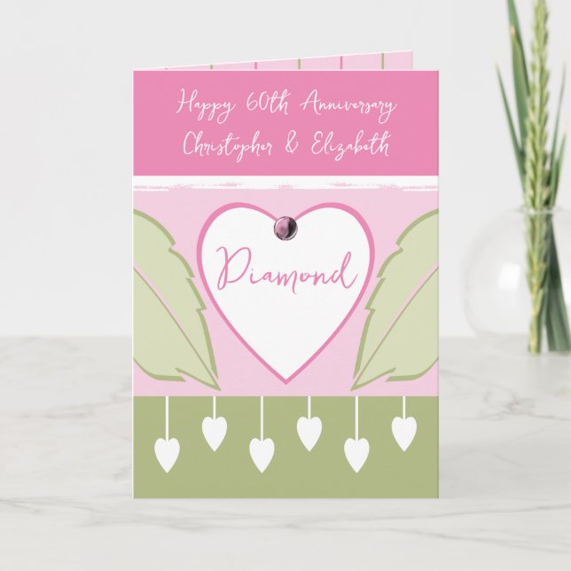 Carte Joyeux 60e anniversaire ajouter des noms rose vert (Devant)