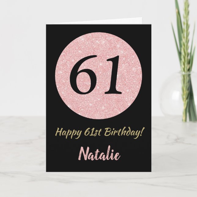 Carte Joyeux 61e anniversaire Noir et Rose Or rose (Devant)