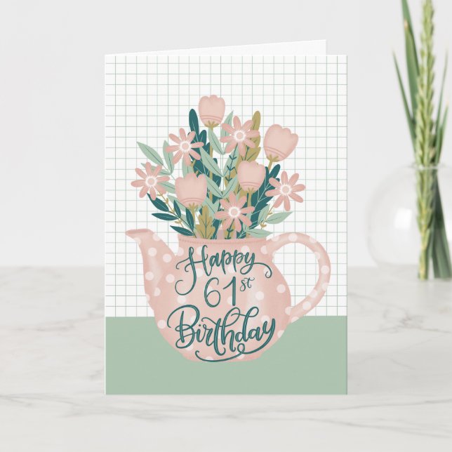 Carte Joyeux 61ème anniversaire avec Poka Dot Teapot de  (Devant)