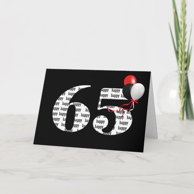 Carte Joyeux 65ème anniversaire en noir avec ballons (Devant)