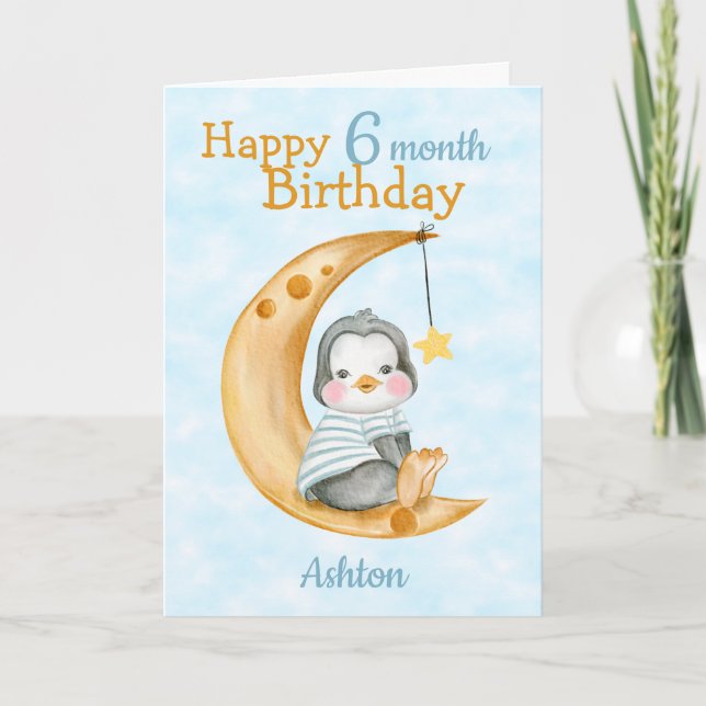 Carte Joyeux 6 mois Anniversaire Penguin et Lune Bleu (Devant)