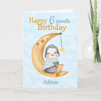 Carte Joyeux 6 mois Anniversaire Penguin et Lune Bleu