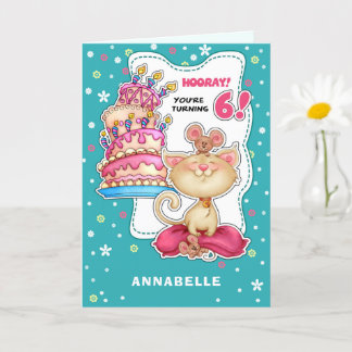 Carte Joyeux 6e anniversaire. Nom personnalisé Fun Kitty