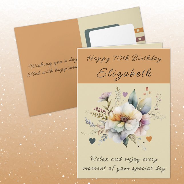 Carte Joyeux 70e anniversaire ajouter nom floral orange (Créateur téléchargé)