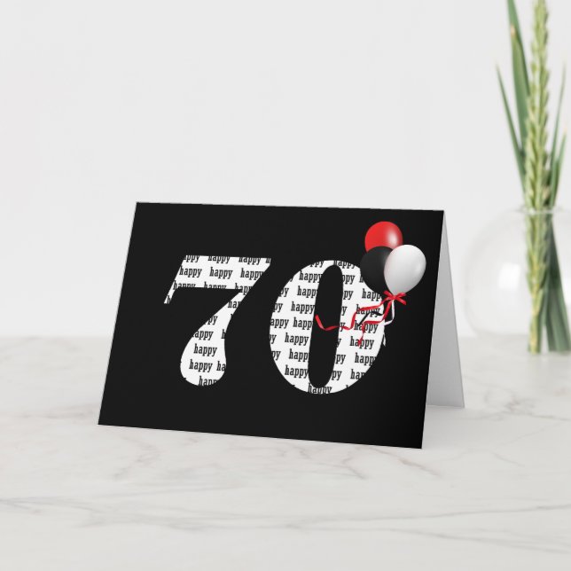 Carte Joyeux 70e anniversaire en noir avec ballons (Devant)