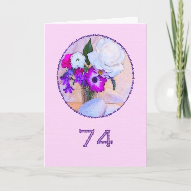 Carte Joyeux 74ème anniversaire avec un tableau de fleur (Devant)