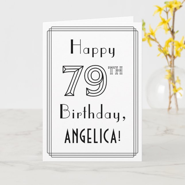 Carte Joyeux 79e anniversaire, Art Déco Style avec Nom p (Fleur jaune)