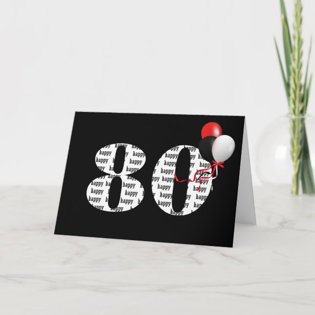 Carte Joyeux 80e anniversaire en noir avec ballons (Devant)