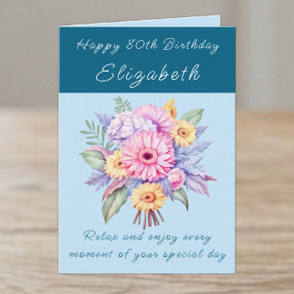Carte Joyeux 80e Anniversaire nom floral bleu