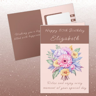 Carte Joyeux 80e Anniversaire nom floral marron