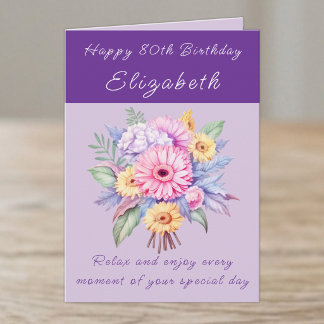 Carte Joyeux 80e Anniversaire nom floral pourpre