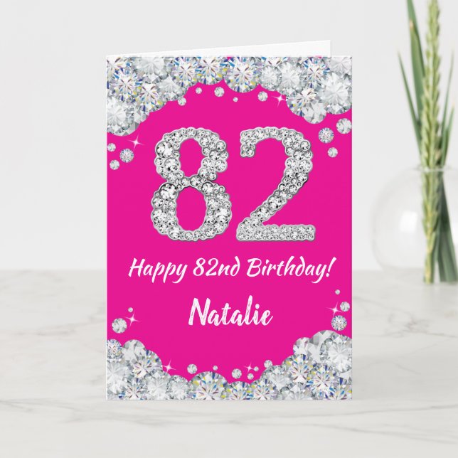 Carte Joyeux 82e anniversaire Hot rose et Parties scinti (Devant)