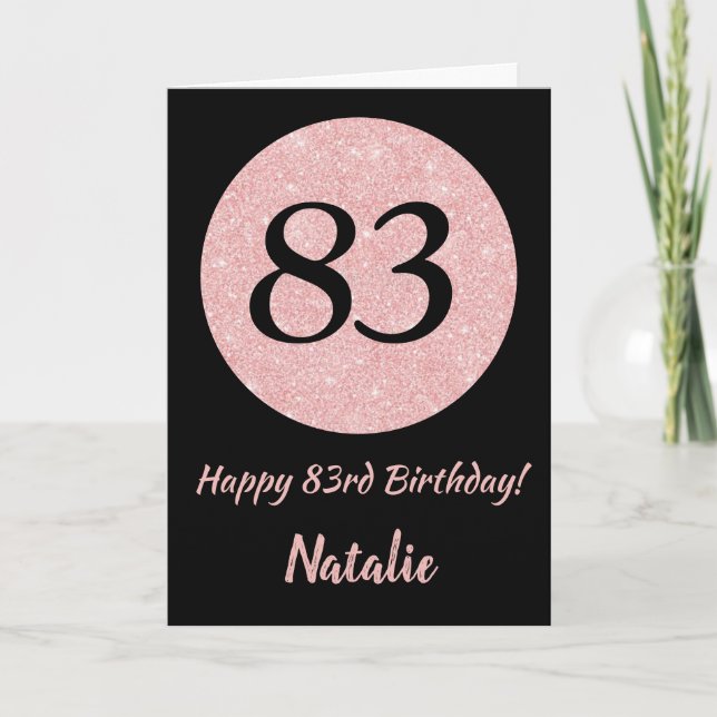 Carte Joyeux 83e anniversaire Noir et Rose Rose Or (Devant)