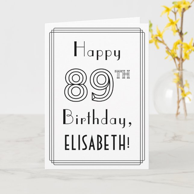 Carte Joyeux 89e Anniversaire, Style Art Déco avec Nom P (Fleur jaune)