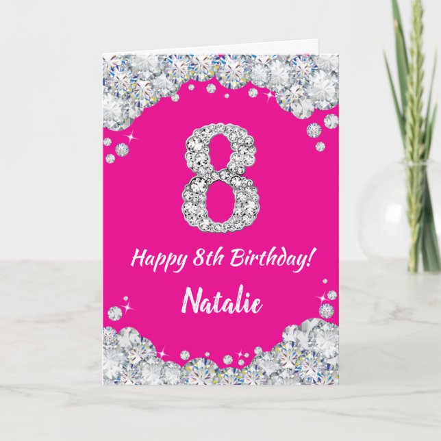 Carte Joyeux 8e anniversaire Hot rose et Parties scintil (Devant)