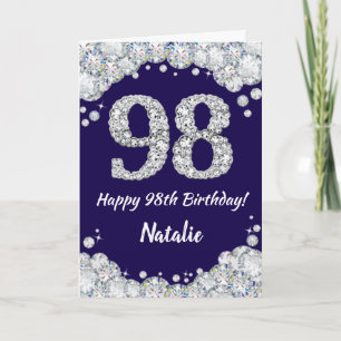 Carte Joyeux 98e Anniversaire Navy Blue et Paillettes Ar