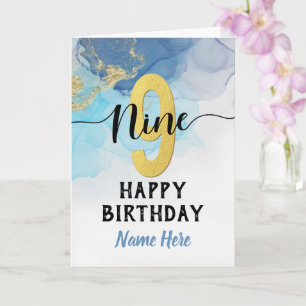 Carte Joyeux 9 Anniversaire Aquarelle Bleu & or Garçon