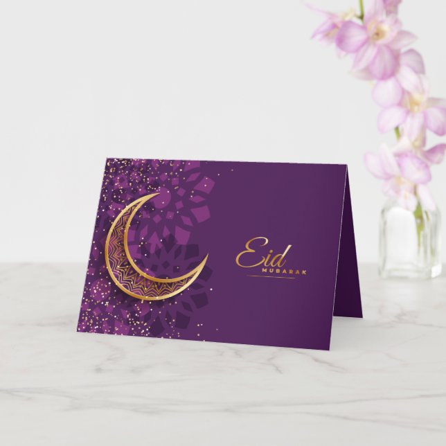 Carte Joyeux Aïd Moubarak Croissant d'Or Confetti violet (Orchidée)