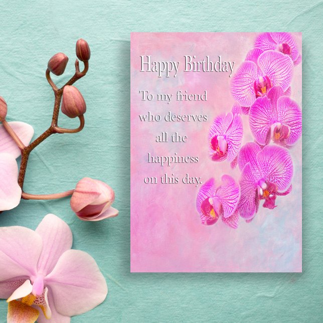 Carte Joyeux Ami d'Anniversaire Orchidées violettes (Symbolize lasting friendship with a cascade of elegant purple orchids.)