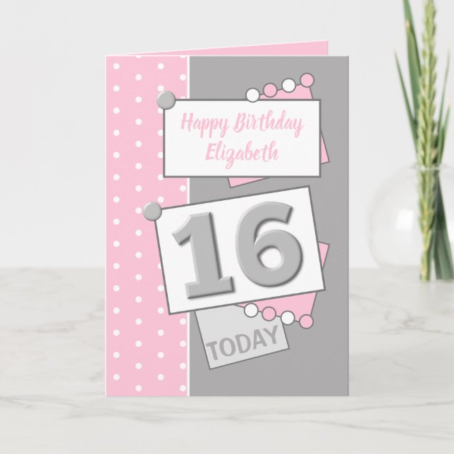 Carte Joyeux anniversaire 16 aujourd'hui gris et rose (Devant)
