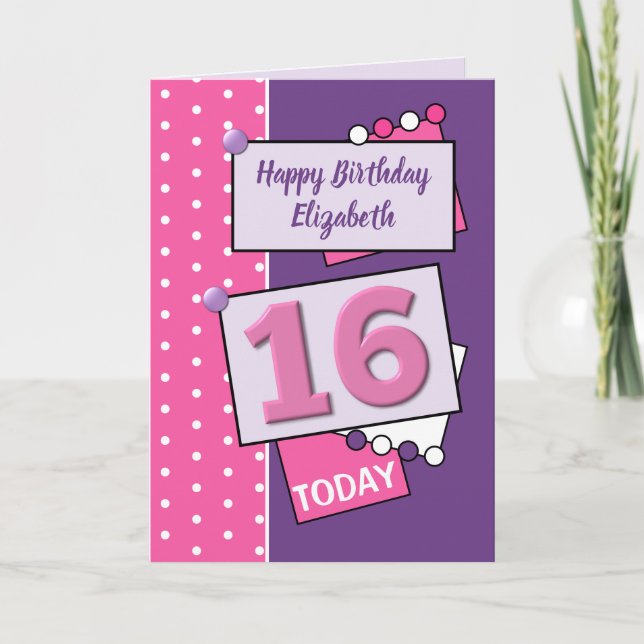 Carte Joyeux anniversaire 16 aujourd'hui violet et rose (Devant)