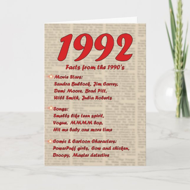 Carte Joyeux anniversaire 1992 Nouvelles de l'année de n (Devant)