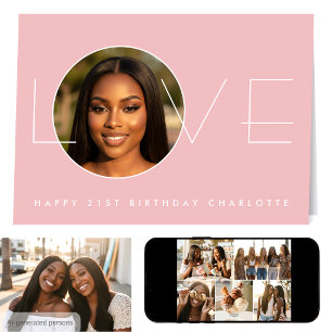 Carte Joyeux Anniversaire 21e Photo Amour Élégant Rose P
