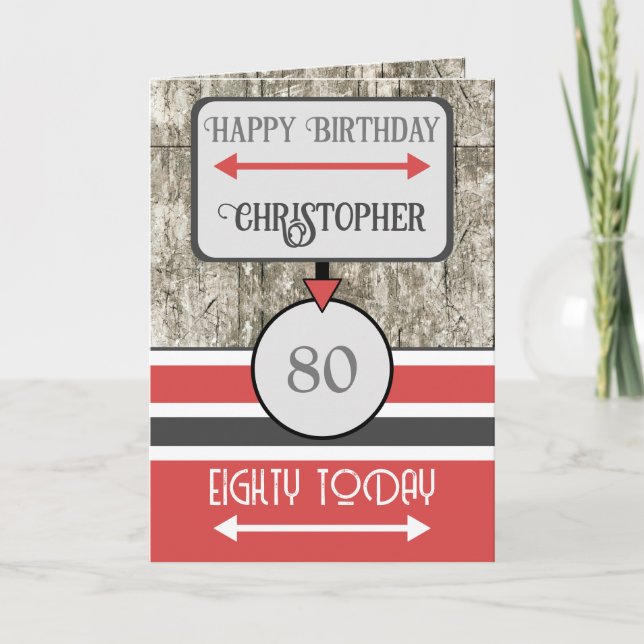Carte Joyeux anniversaire 80 aujourd'hui nom gris rouge (Devant)