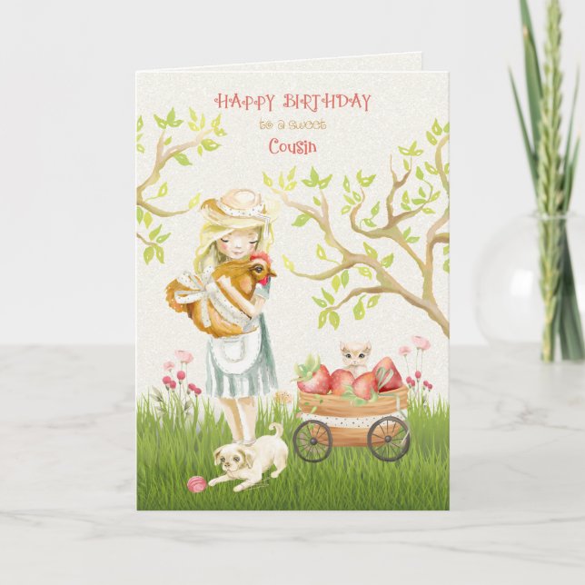 Carte Joyeux anniversaire à Cousin Rooster, Chat et Chie (Devant)
