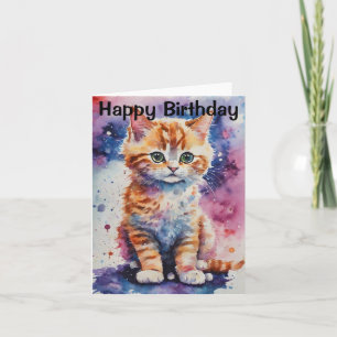 Carte Joyeux Anniversaire Adorable Chaton Roux Aquarelle